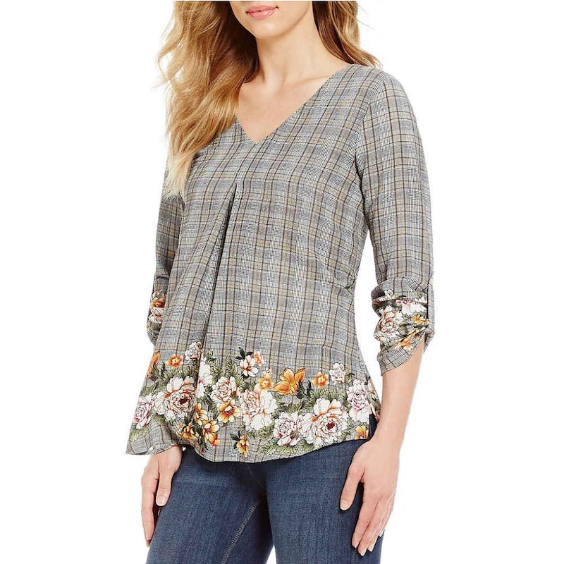 ボボウ レディース トップス ブラウス・シャツ【Bobeau Petites Floral & Plaid Print V-Neck Roll-Tab Sleeve Top】Grey Print ボボウ レディース トップス ブラウス・シャツ【Bobeau Petites Floral & Plaid Print V-Neck Roll-Tab Sleeve Top】Grey Print