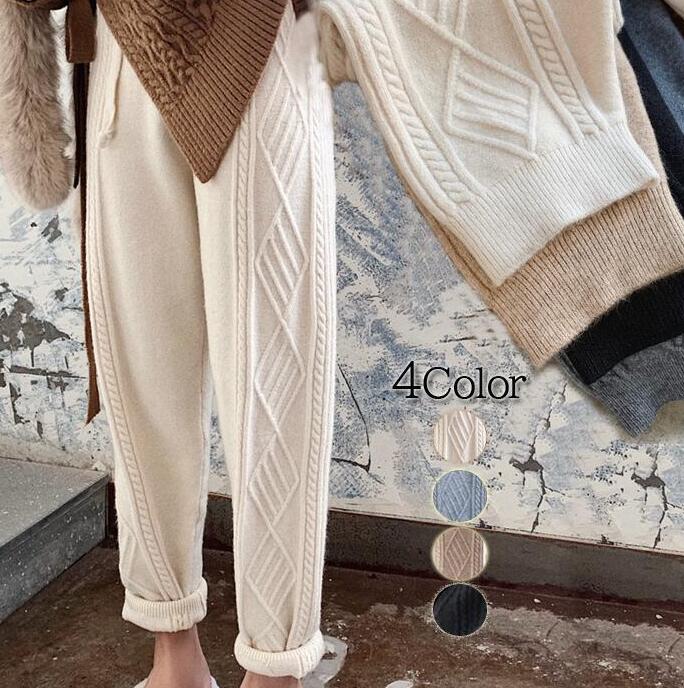 大人気！ かっこいい スラックスパンツワイドパンツニットパンツ 2シーズン履ける 美シルエットボトムスケーブルニット テーパードパンツ ハイウエスト ケーブル ボトムス リラックス ルームウェア