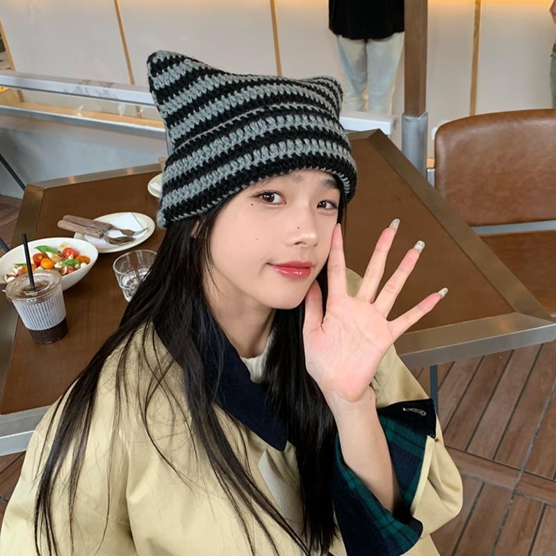 大人気！ ニット帽 バケットハット 可愛い あったか帽子 犬の耳 帽狐の耳 帽耳猫耳ストライプ十字架毛糸帽子ニット帽新モデル韓国ファッションty02-4