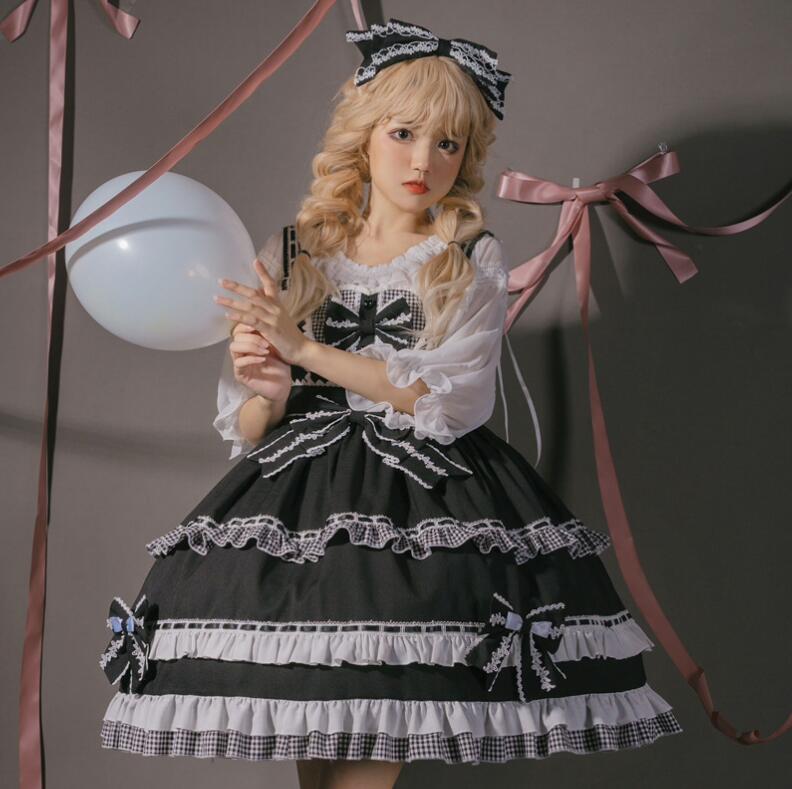 可愛いロリータ服 ロリータワンピース ジャンパースカート 甘ロリータ プリンセスドレス 可愛いワンピース チェック柄 フリル フレアワンピース 萌えLolita 大人コスチューム ゴスロリ ハロウィン