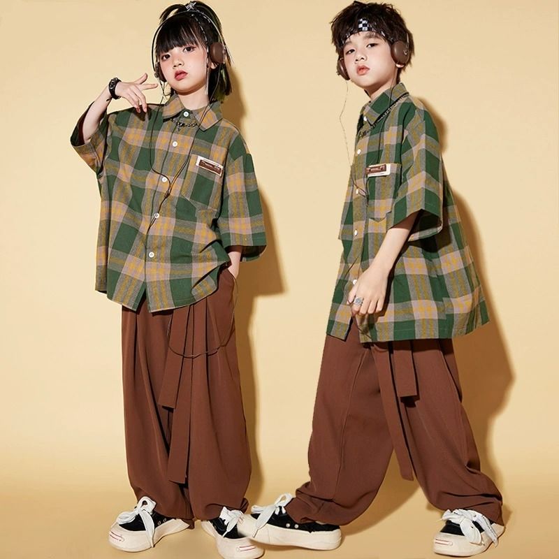 ストリートダンスの子供のファッション服のクールでかっこいい男の子の日本のヒップホップのシャツのスーツの子供のhiphopダンスの服の女の子のファッションの服