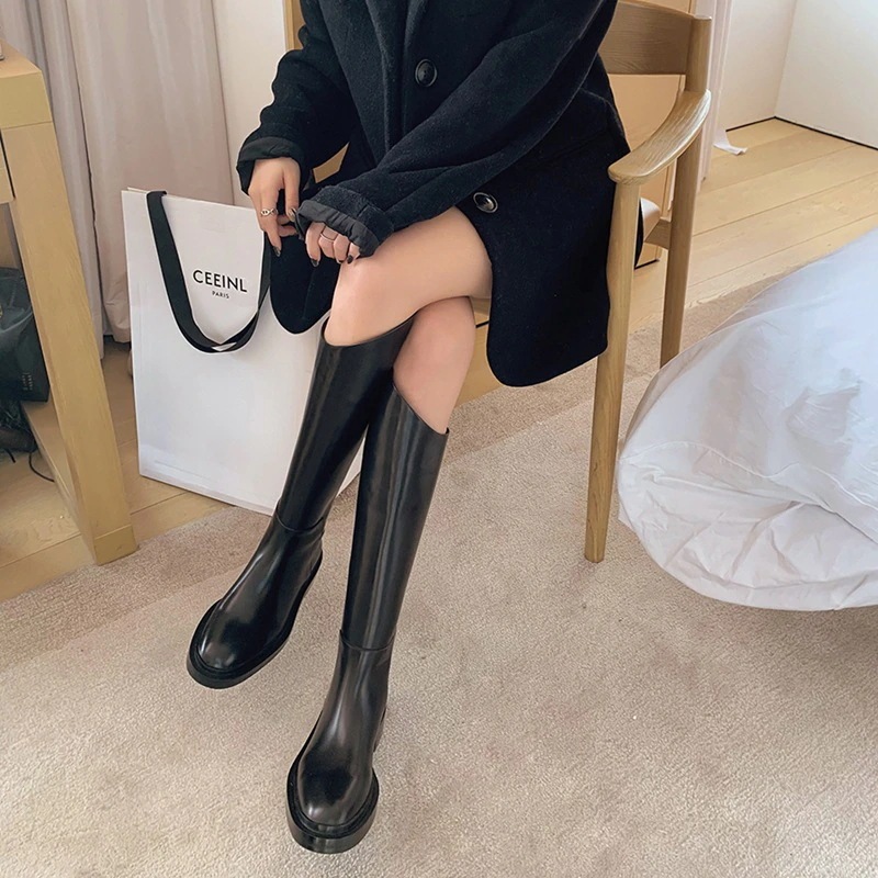 ムートンブーツ2025ロングブーツ個性的騎士ブーツ英伦風口丸トゥ太ヒール脚長効果ロングブーツが復活大きいサイズ 40