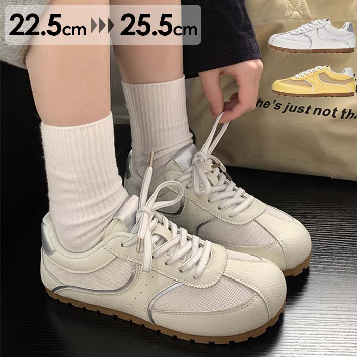 スニーカー レディース 靴 ラウンドトゥ レースアップ スニーカー 編上げタイプ メシュ 歩きやすい 美足 春 韓国 イエロー オフホワイト 通学 お出かけ 22.5 23.0 23.5 24.0 2