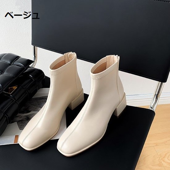 【取寄：納期2週間】ショートブーツ レディース ブーツ ブーティー 靴 シューズ スクエアトゥ 太ヒール バックジッパー ミドルヒール カジュアル きれいめ シンプル 無地 お出掛け おしゃれ