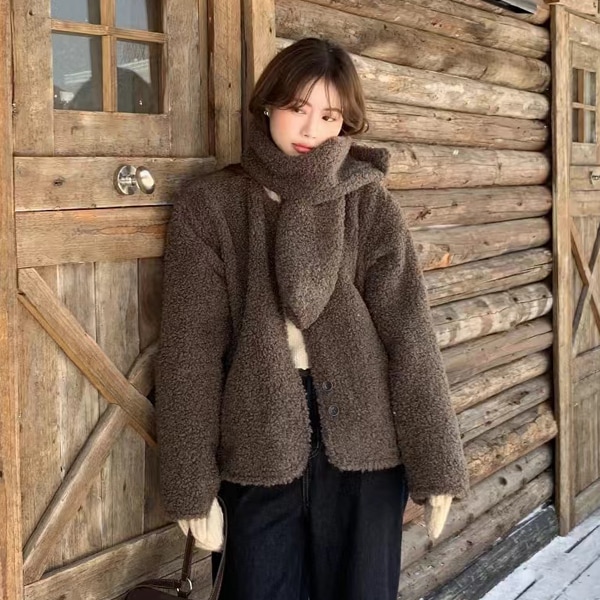 韓国ファッション ボア マフラー セット ブクル ノーカラー ファー ジャケット