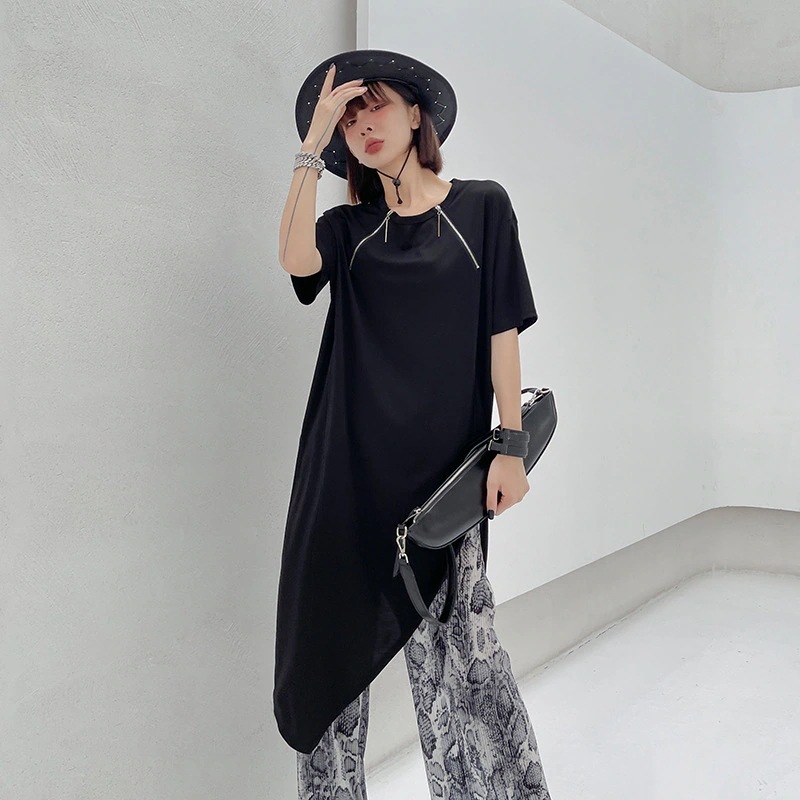 非対称ファスナーTシャツワンピース夏新作ゆったりファッションカジュアル丸襟ワンピース