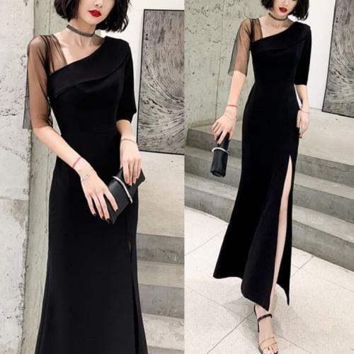 6月の新製品すぐに発送可能 ロングドレス パーティードレス 韓国 黒 ブラックドレス イブニングドレスマーメイド マーメード ワンピース ロング丈 マキシ丈 ワンショルダー アシンメトリー アシメ レ