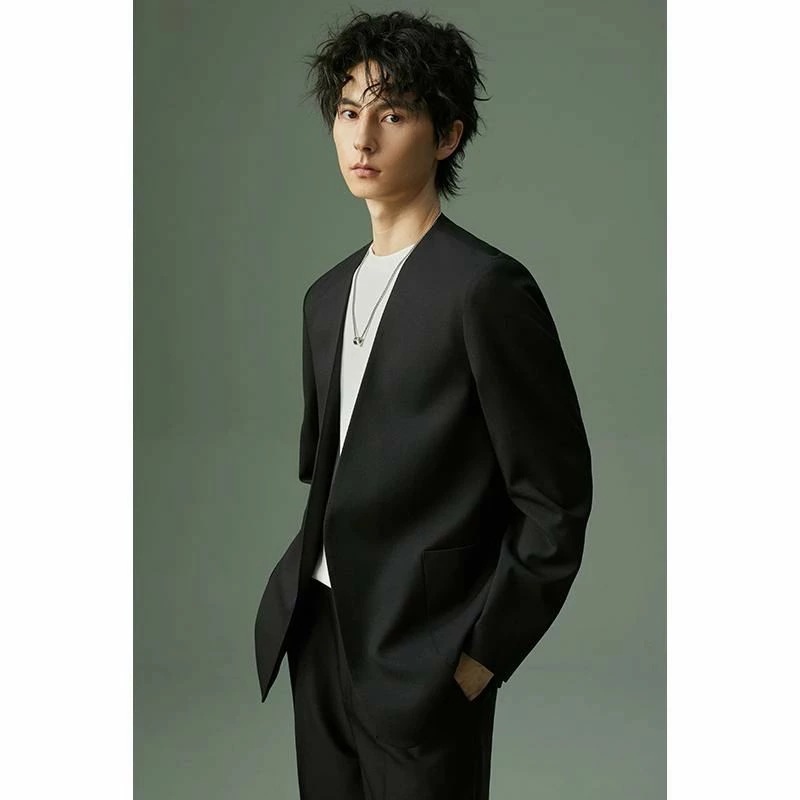 タイムセールメンズ 襟なし きれいめ カジュアル レトロ ジャケット ノーカラー シンプル 無地 ゆったり 長袖 大きいサイズ 春 黒 オフィス Vネック 通気性 シワになりにくい