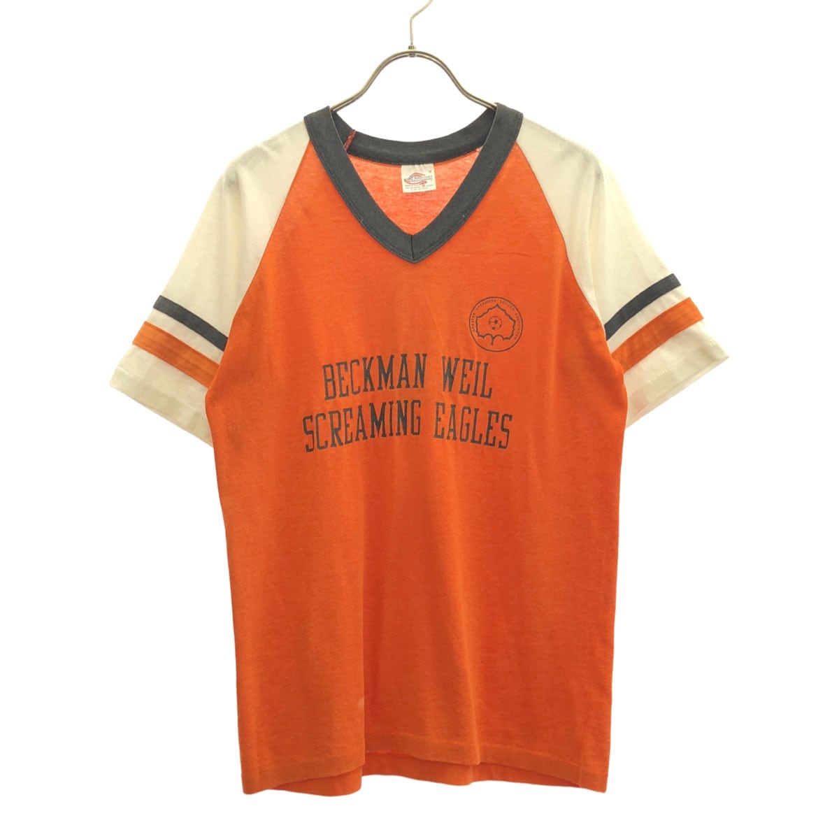 AmericanSportswear アメリカンスポーツウェア 90s USA製 オールド プリント柄 半袖 Vネック ユニホーム Tシャツ M オレンジ×ホワイト バックプリント メンズ 古着