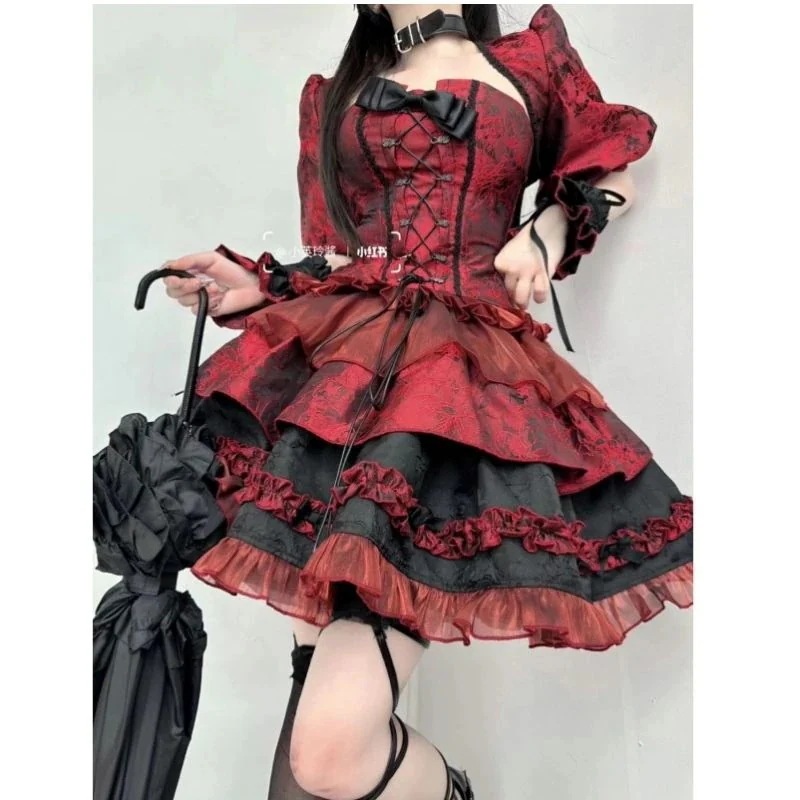 の新型黒紅つなぎ感ロリータ優雅な王女風カン肩コートは胸の短い蓬蓬蓬スカートを塗る 量産型 ワンピース リボン ミニ スカート 大きいサイズ 地雷系 衣装 撮影 ロリ 姫 コスプレ ワンピース