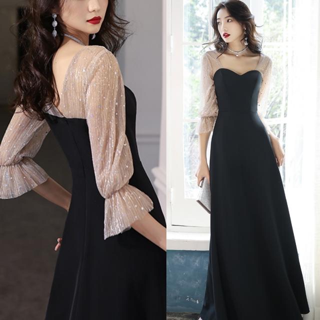 ロングドレス 黒 演奏会 大きいサイズ パーティードレス ロング 袖あり 切り替え バイカラー おしゃれ 結婚式 お呼ばれ ドレス フォーマル ヌーディー 七分袖 ランタンスリーブ ボリューム袖 発表