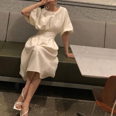 レディース ドレス エレガント おしゃれ シンプル パフスリーブ ワンピース カジュアル お呼ばれ ミモレ丈 白 パーティー い 20代 50代 五分袖 ハイウエスト 大きいサイズ フェミニン ワンピ