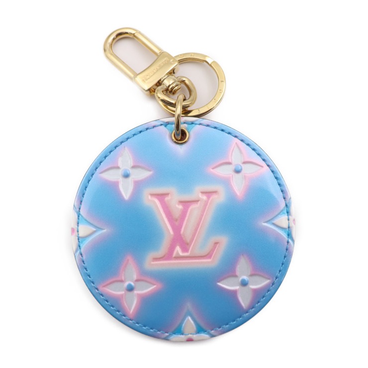 美品 LOUIS VUITTON ルイ ヴィトン キーホルダー M00621 ポルト クレ イリュストレ ヴェルニ モノグラムヴェルニ レザー ブルー系 ピンク系 ゴールド金具 キーリング バッグチャ