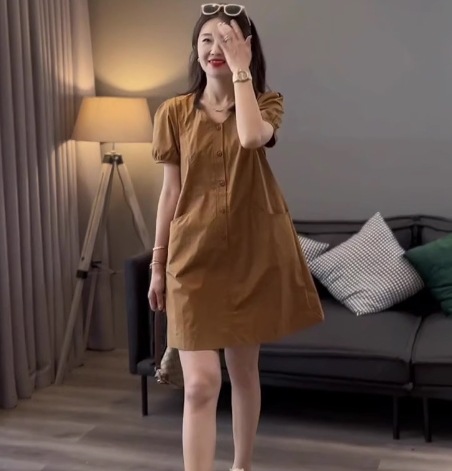 レディース ワンピース ミニ ショート 膝上 半袖 パフスリーブ Vネック 襟なし フェミニン 薄手 かわいい カジュアル ラフ ガーリー キュート ナチュラル 無地 春 夏 発表会 ママ マタニティ