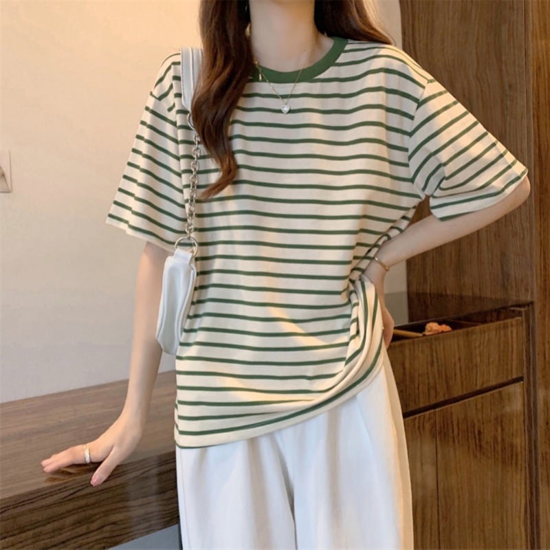 本物品質の 韓国風ファッションカラーブロッキングストライプTシャツレディース春夏カジュアルオールマッチルーズTシ 最大70％オフ
