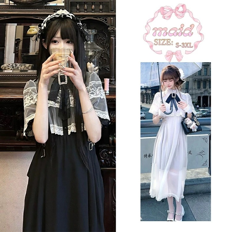 レース ワンピース 女の子 黒 白 メイド コスチューム ゴスロリ 定番 仮装 フリル リボン 文化祭 イベント おしゃれ 可愛い 華やか キッズパーティー S-XL シースルー ハロウィン コスプレ