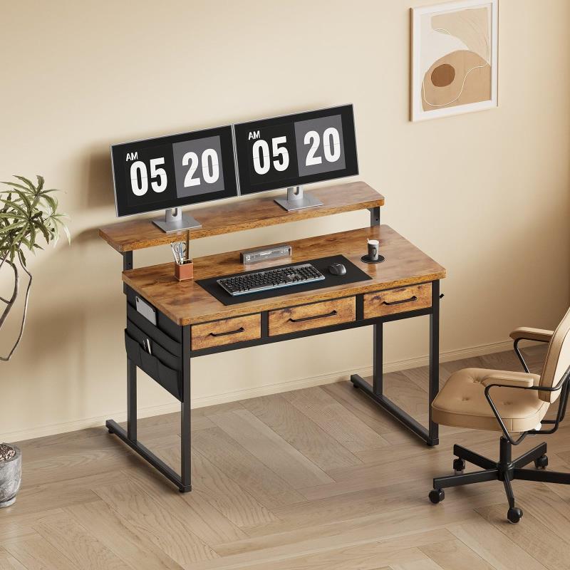 デスク 机 pcデスク 勉強机 幅100cm 引き出し付きパソコンデスク フック付き学習机 机は高さ調整可能なモニターアームが付いています 一人暮らし 家具 ビンテージ ブランド: Maihail