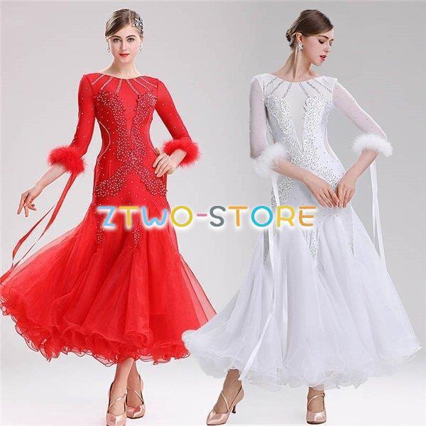 新しい子供用ダンスウェア レッド 赤 ホワイト 白 社交ダンス衣装 ワンピース ダンス練習着 競技会 ワルツ ダンス服 競技用 ステージ衣装 演出服 社交ダンス モダンドレス 2枚購入で2505円OF 10,228円