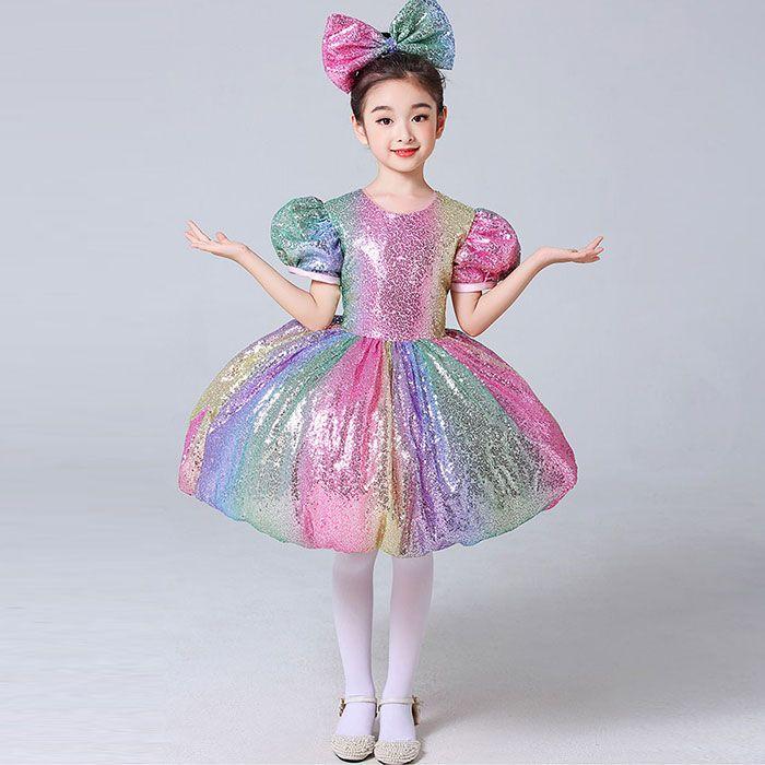 子供 ダンス衣装 キッズ スパンコール ダンス 発表会 かわいい ステージ衣装 舞台衣装 女の子 半袖 ワンピース ドレス スパンコール リボン 髪飾り付き 高品質30%までに制限