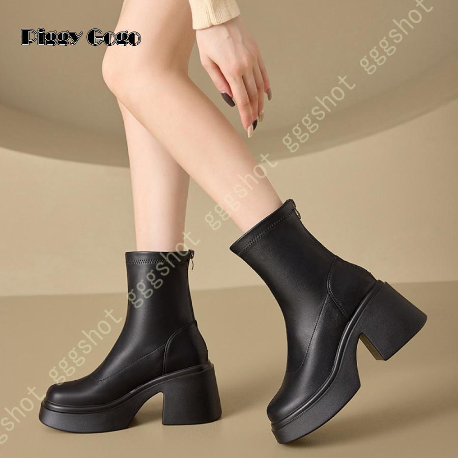 冬の新作ブーツ レディース 黒 厚底 ショートブーツ 8cmヒール 本革 レザー ラウンドトゥ 靴 大きいサイズ 幅広 甲高 美脚 厚底ソール バックジッパー 履きやすい