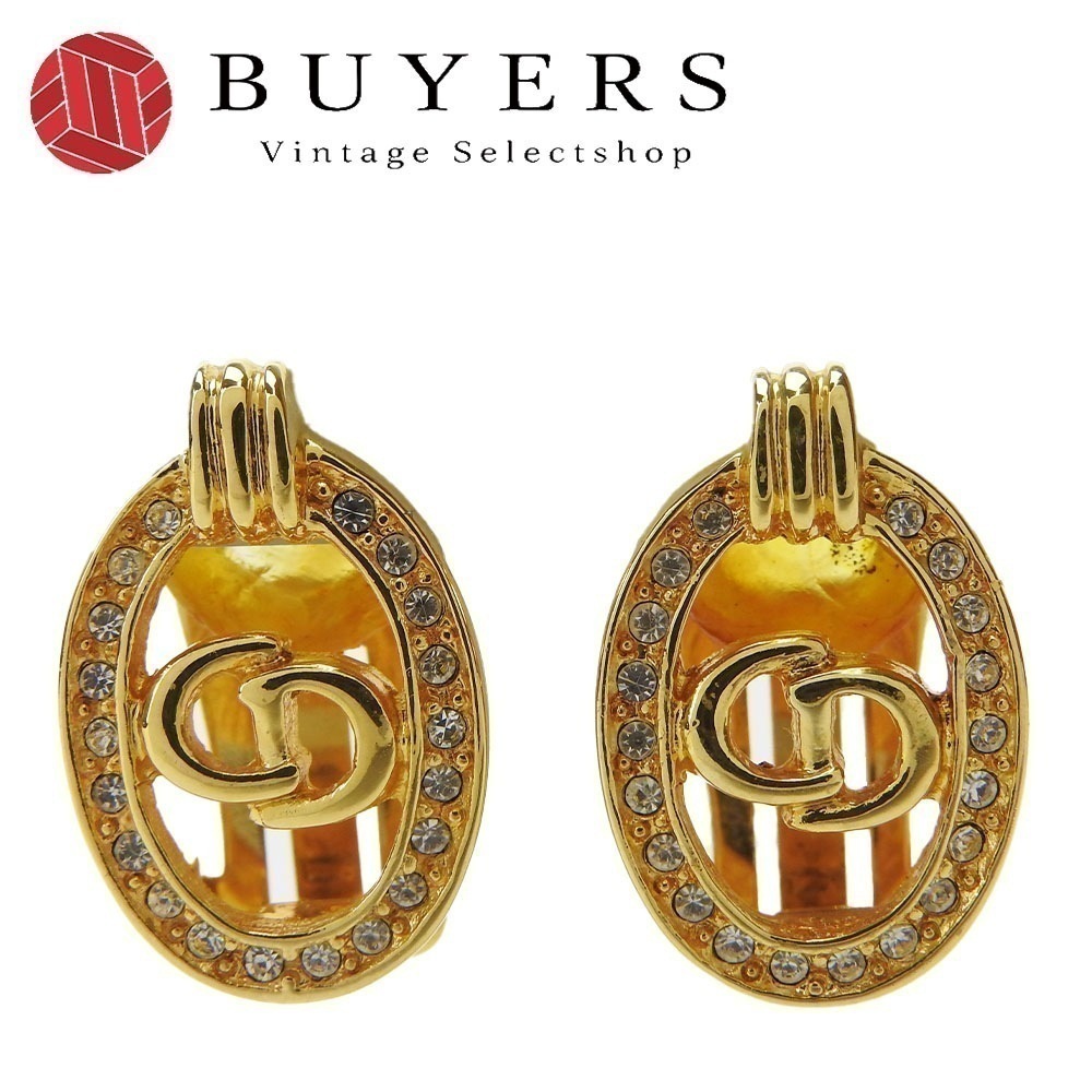 中古 クリスチャンディオール Christian Dior イヤリング ゴールド CDロゴ レディース GP メッキ ラインストーン アクセサリー 小物 上品 女性 レディース accessories