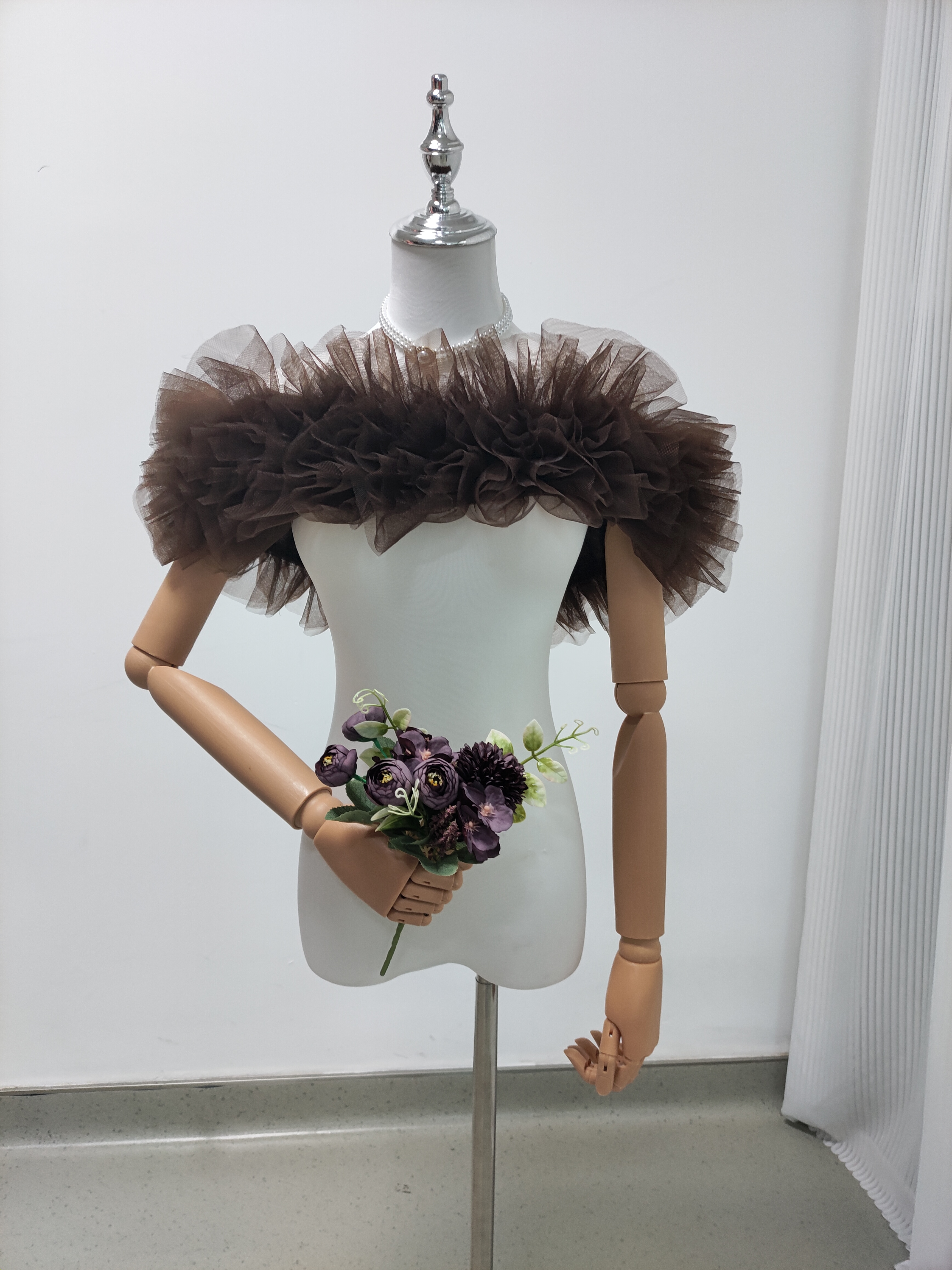 オフショルダー 取り外し コーヒーの色 ストレッチ ソフトチュール 可愛い 花嫁/前撮り