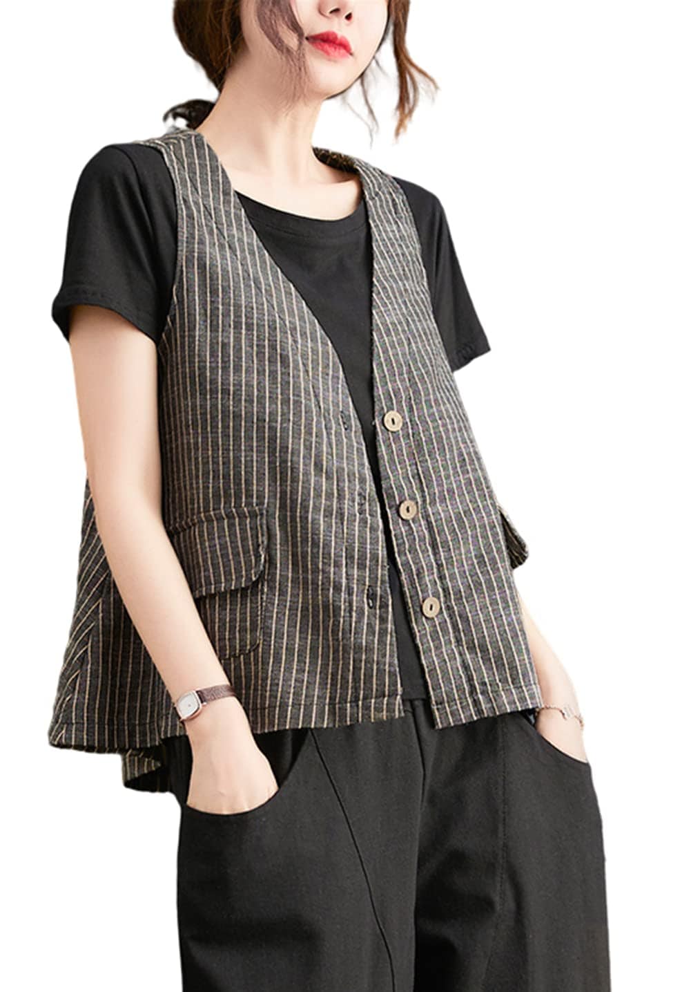 ベスト レディース ノースリーブ ジレベスト 綿麻 ストライプ柄 おしゃれ チョッキ カジュアル 袖なし トップス 夏物 サマーベスト 通勤