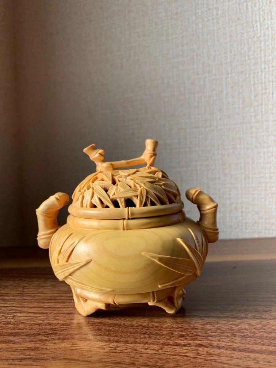 仏具 香炉 竹柄 ツゲ 木彫 (約)高11cm幅10cm奥行10cm