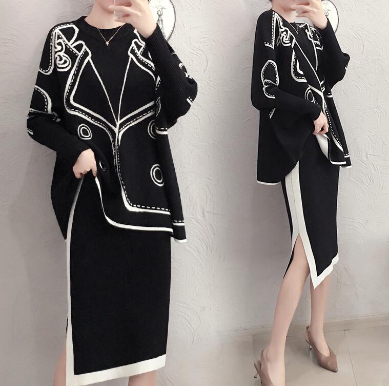 ニットセットアップ　セーター　スリーブ　タイトスカート　ロングスカート　膝下丈　スリット入り　トップス ニット　体型カバー 着痩せ　　レディース 秋 冬　アウター　マント