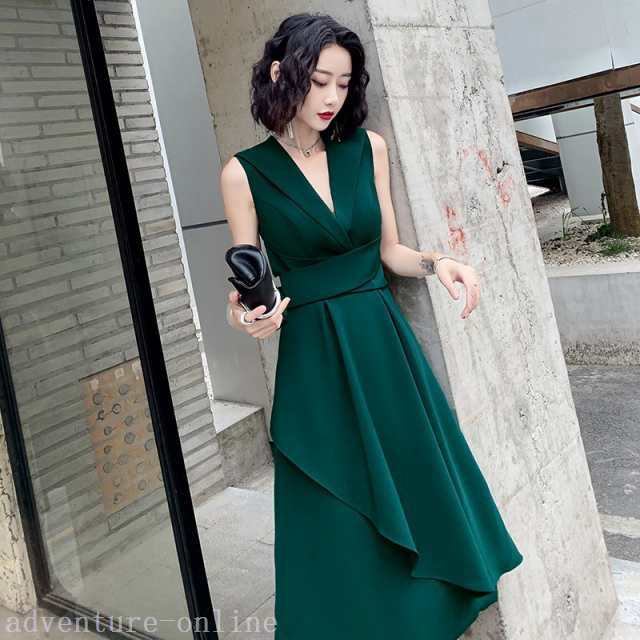 【2025新作入荷】レディース パーティードレス ワンピース ドレス スカート ハイウエスト 袖なし ノースリーブ Vネック カシュクール 体型カバー 二の腕カ