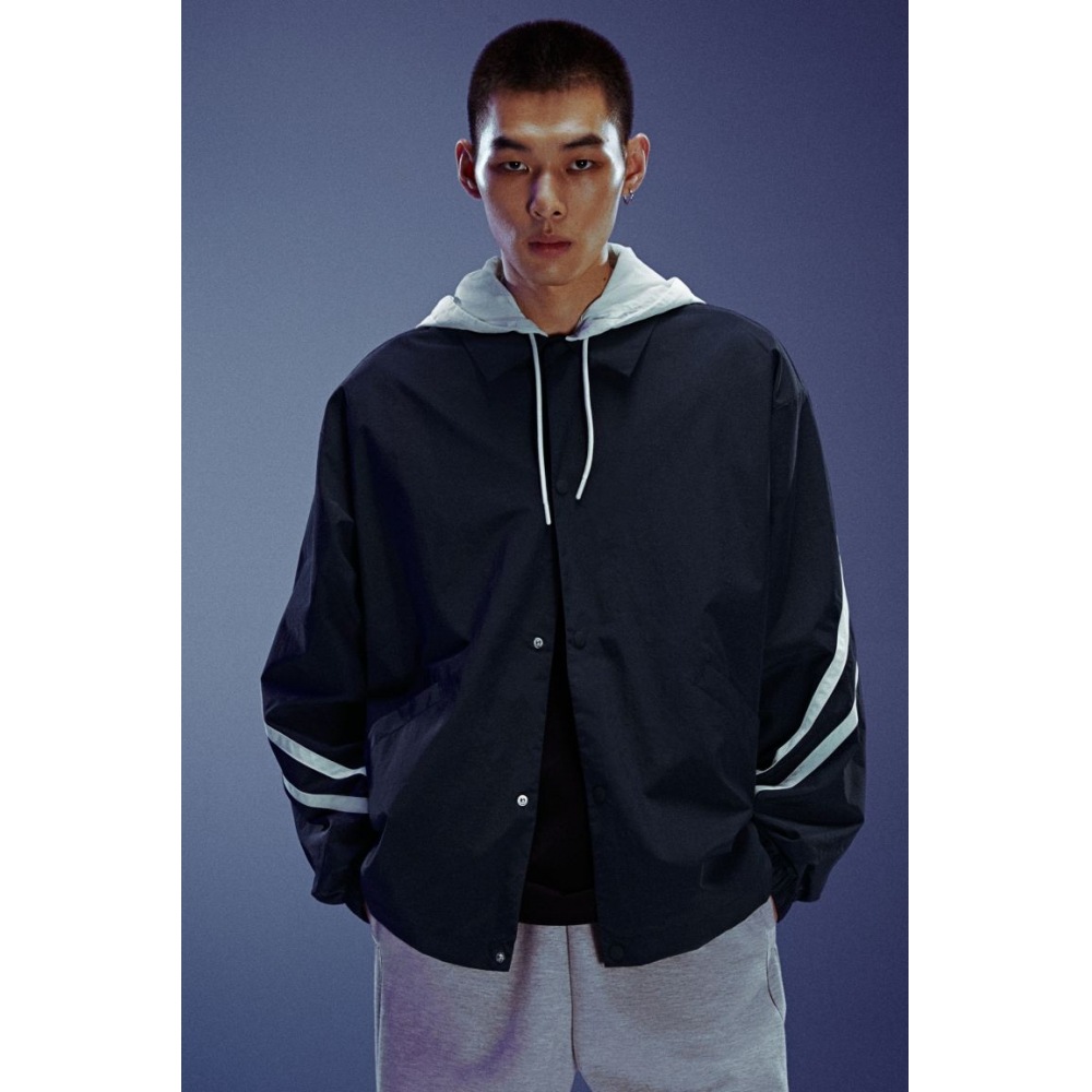 H&M ルーズフィットナイロンオーバーシャツダークブルー/ストライプ