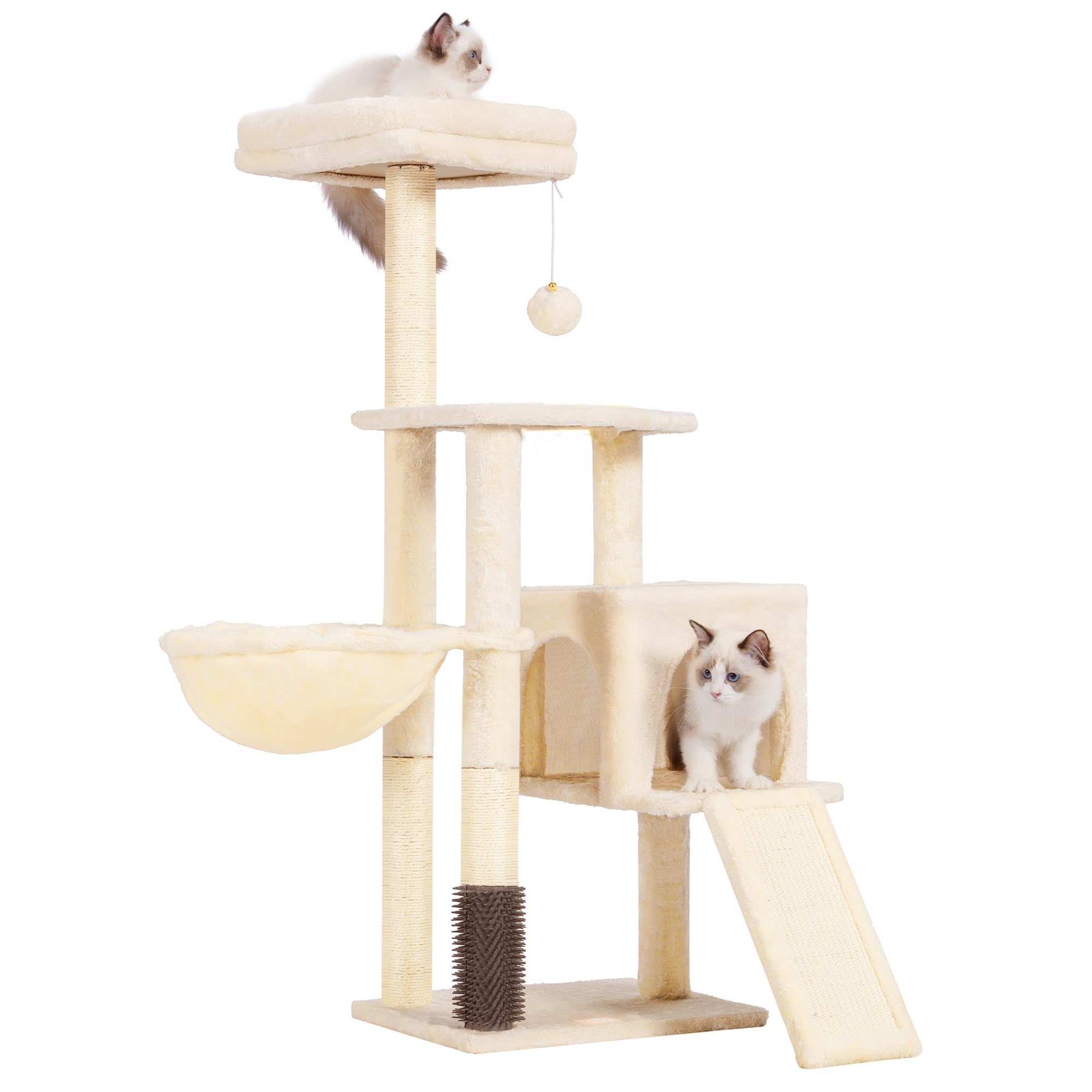 Heybly キャットタワー 子猫とシニア猫に最適 超スリム 据え置き型 省スペース 登りやすい ハンモック天然麻ロープを使用した爪研ぎボード 高さ108cm ベージュ HCT005SM