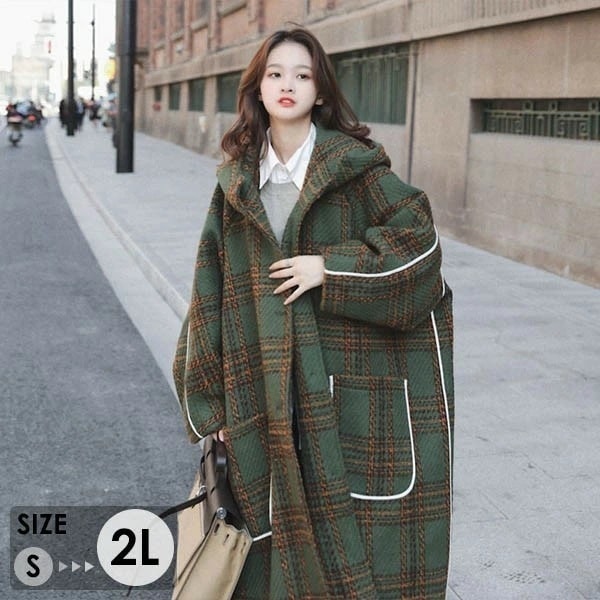 【韓国ins大人気】ロングコート フード付き チェック柄 レディース 中綿コート コクーンコート 小柄 レディース 秋 冬 冬服 定番 暖かい あったか ロング チェスター コート カジュアル シンプ
