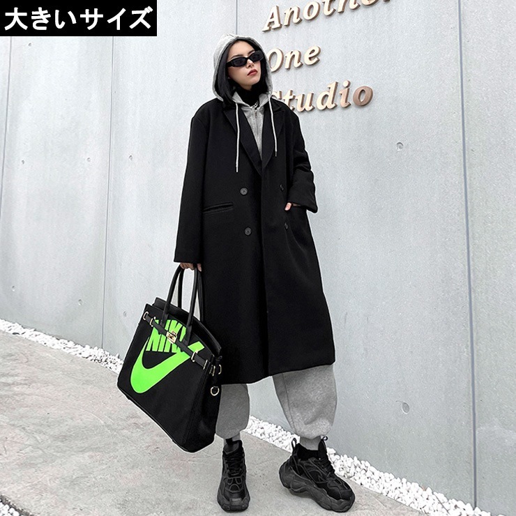 大きいサイズ レディース チェスターコート フードつき オーバーサイズ 黒 LL 3L 4L 5L 6L ブラック 10代 20代 30代 40代 13号 15号 17号 19号 21号 新入荷 ネコ