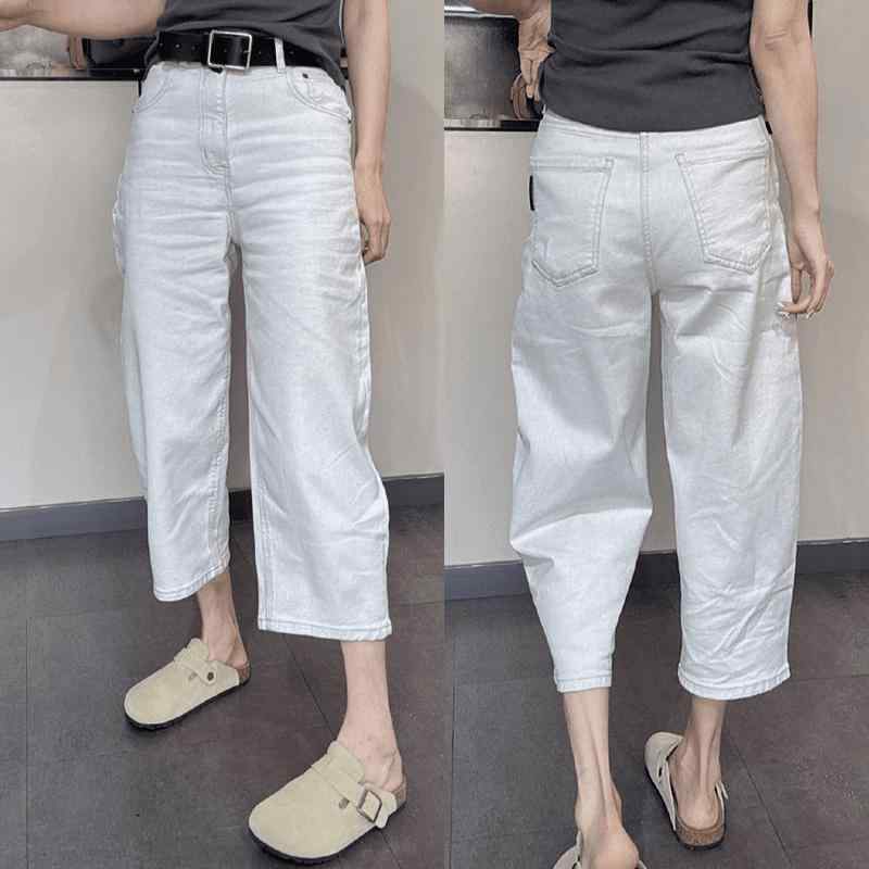 レディース ファッション カジュアル おしゃれ 夏 薄手 涼しい 大きいサイズ ホワイト 八分丈 ジーンズ スリム ストレート 脚 ワイドレッグ パンツ