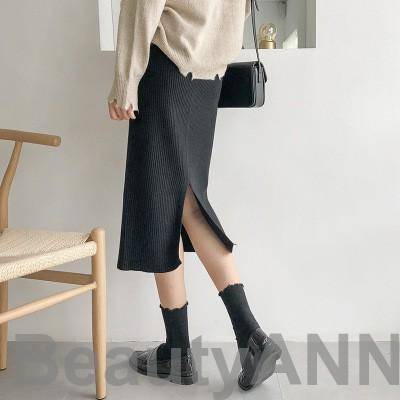 新生活 ニットスカート レディース ボトムス ロングスカート 膝下丈 着痩せ スリット入り 秋冬新作 ブラック グレー ウエストドローストリング プレゼント ギフト
