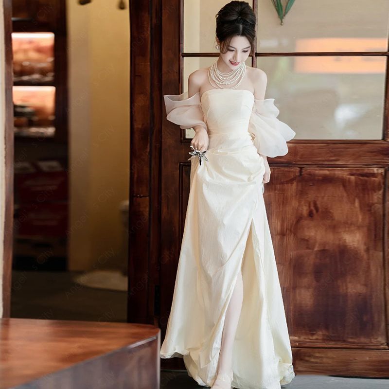 パーティードレス シャンパンカラーのドレススカートシンプル韓国式パーティーワンピースドレス-22