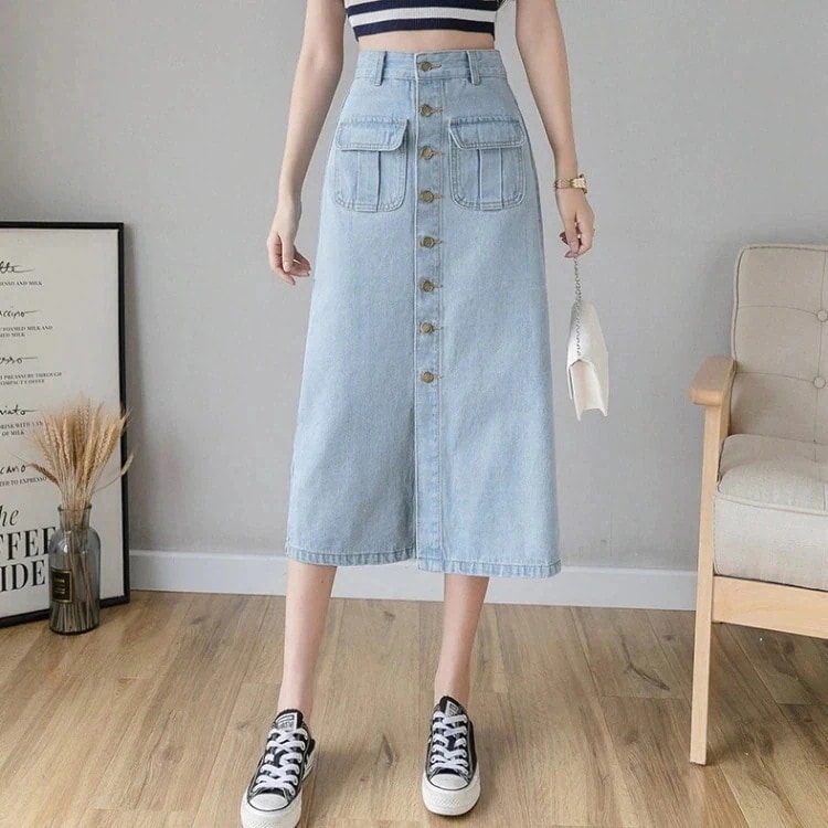 デニムスカートビッグポケット韓版風ボタンAラインロングミディスカートスカートデニムスカート