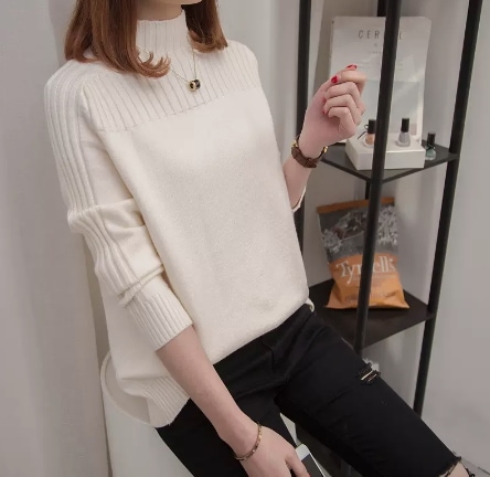 トップス プルオーバー レギュラー丈 長袖 レギュラー袖 ハーフハイカラー ストレート 厚手 ビスコース こなれ感 キュート とろみ感 無地 秋 冬 誕生日 個性的 S M L XL ブルー