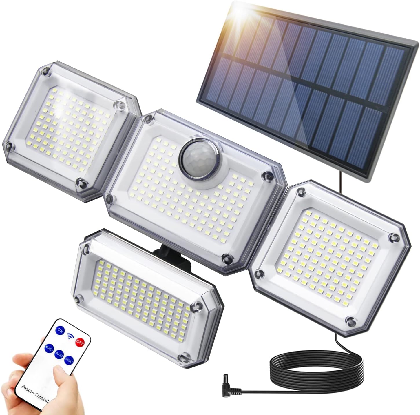 333LEDソーラーライト人感センサー 4灯式 IP65防水 5M延長コード 屋外 防水 分離型 センサーライト 人感センサーライト 自動点灯 明るい 太陽光センサーライト 2400mAh大容量バッテ