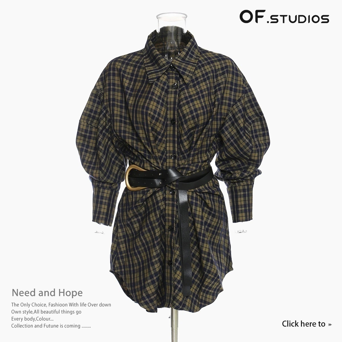 【Europe Style.OF】 秋/冬/チェック柄シャツ/レディース/ルーズ/レトロ/ベルト/ミドル丈/シャツ/スカート/トップス ブラウス