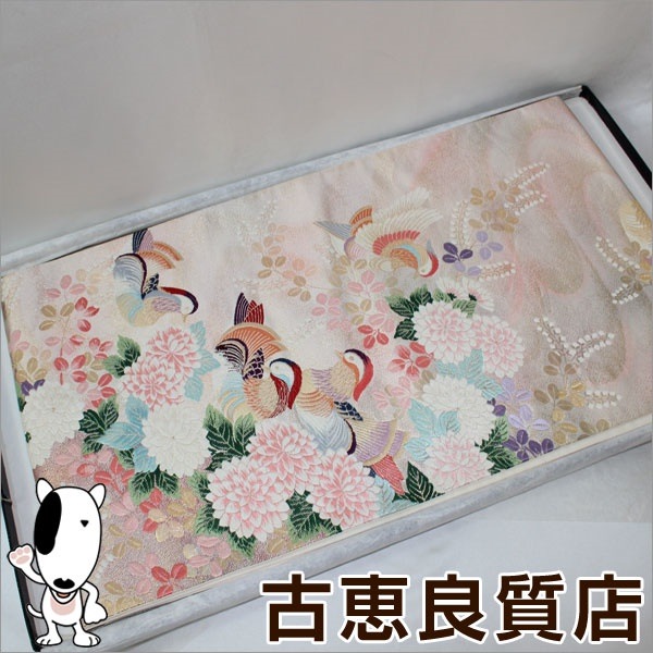 HK中古帯　ベージュ地に花　鴛鴦遊泳　リサイクル 幅：約31cm 長さ：約422cm質屋出品あす楽展示品 16,500円