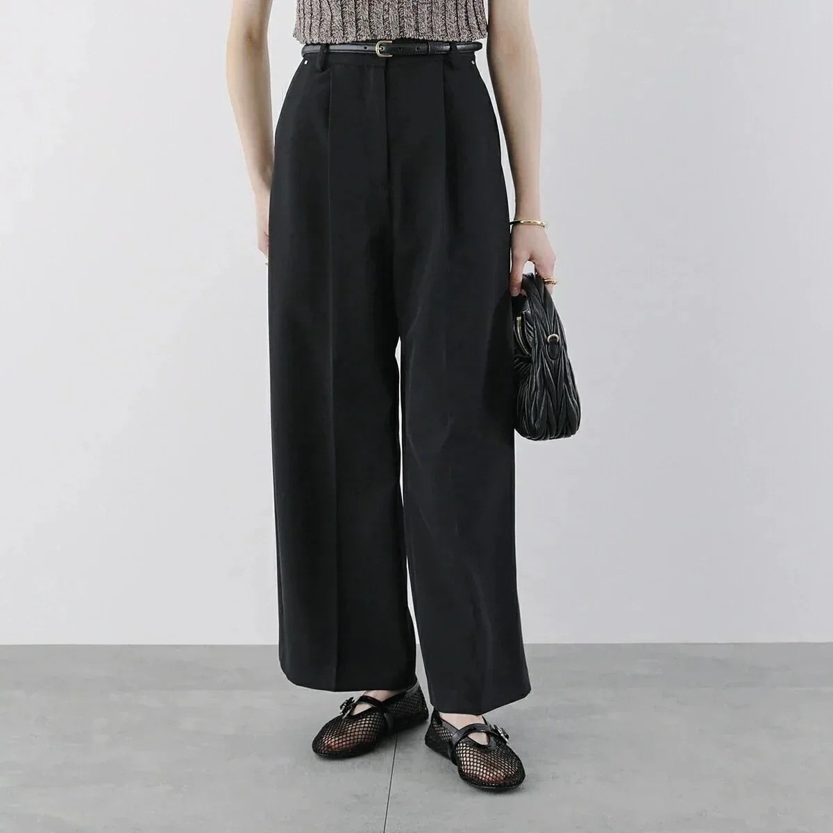 CHIGNON シニヨン ワイドパンツ 3246-492MK レディース スラックス タックパンツ ストレッチ ジャージー ブラック 【mega】