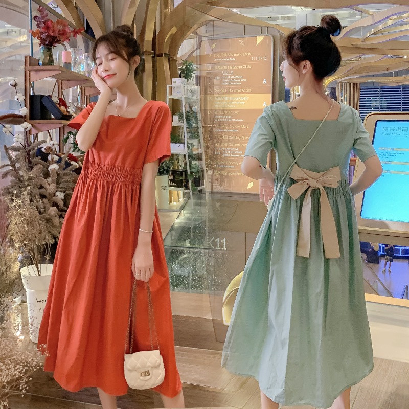 マタニティ ワンピース ゆるふわ バックリボン ロング丈 お出かけ 夏ワンピ 夏服