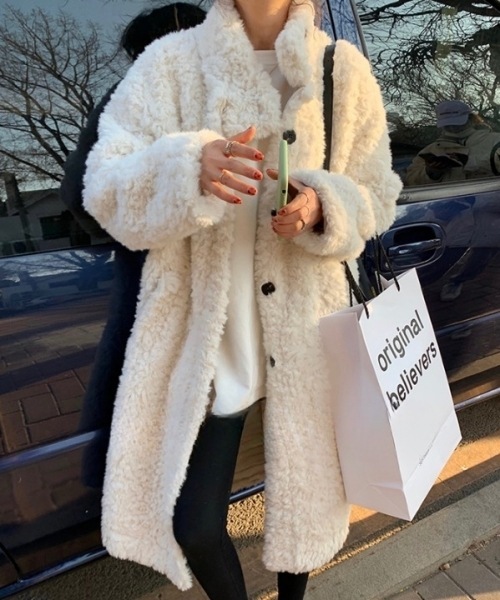 レディース コート アウター 前開き テディベアコート ロング 長袖 襟付き スタンドカラー フェミニン もこもこ ふわふわ ポケット 前開き ボタン 柔らかい フェイクファー かわいい シンプル 10,880円