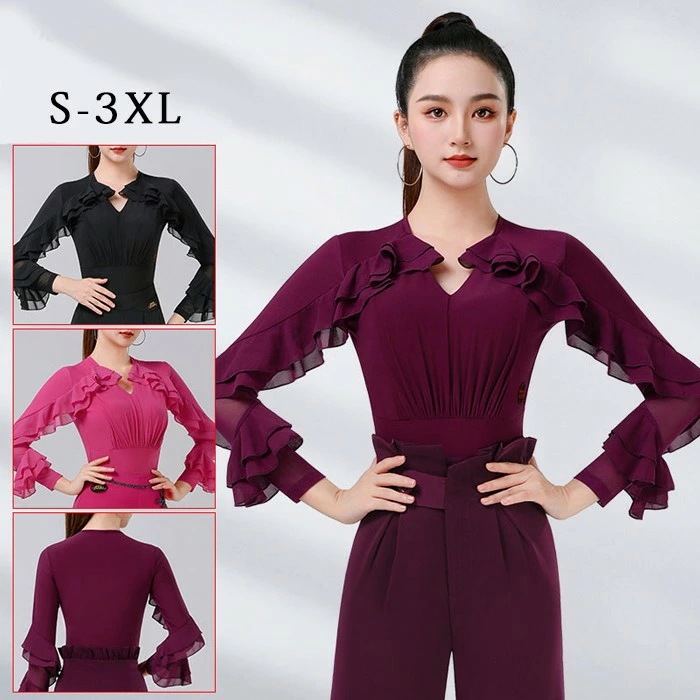 早いもの胜ち 社交ダンス トップス レオタード 股下ホック 長袖 透け感 フリル 胸パッド付き ラテン モダン タンゴ サンバ ダンスウェア レディース 社交ダンス衣装 コンサート 舞台用 ステージ衣