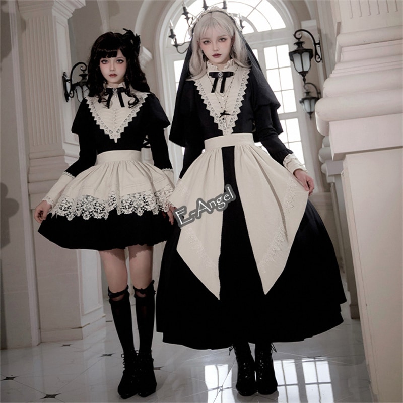 ハロウィーン シスター コスプレ 6点 メイド服 ロング ミニ丈 クラシカルロリータワンピース 半袖 かわいい 薔薇 蛇 十字架 レトロ ドレスセット ゴシック 宮廷 コスチューム