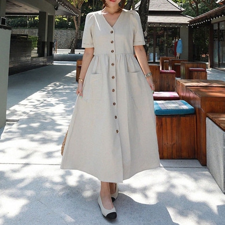 2color レディース 麻綿フロントボタンフレアワンピース ドレス ワンピース シャツワンピース