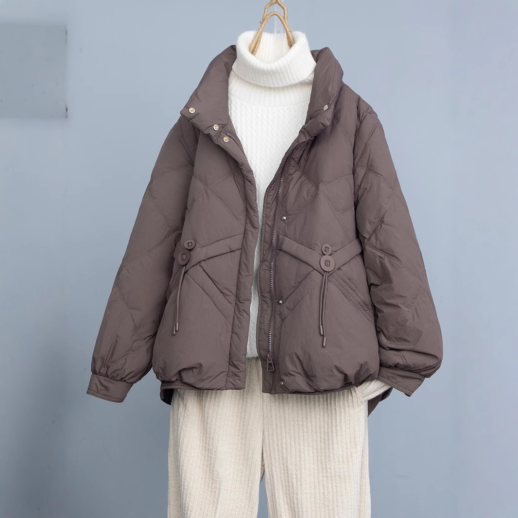 レディースダウンジャケット 韓国風 2025年秋 新作 文芸ファッション スタンドカラー 厚手 ゆったり 着痩せ 万能 ホワイトダックダウン 暖かい