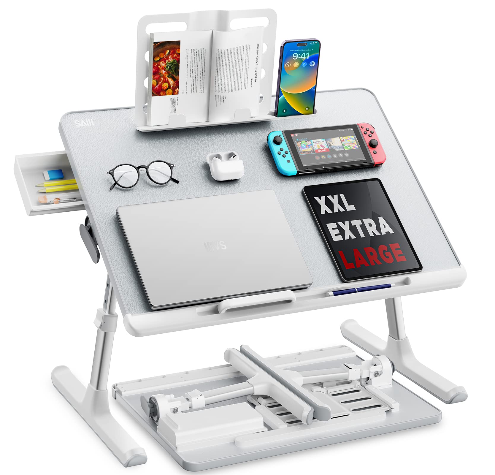 折りたたみ ミニテーブル「安定性強化版」机 ローテーブル ベッドテーブル ノートPCパソコン ちゃぶ台 大容量天板 角度 高さ調整 引き出し ブックスタンド付き 表面PVC加工 40kg荷重 軽量 勉